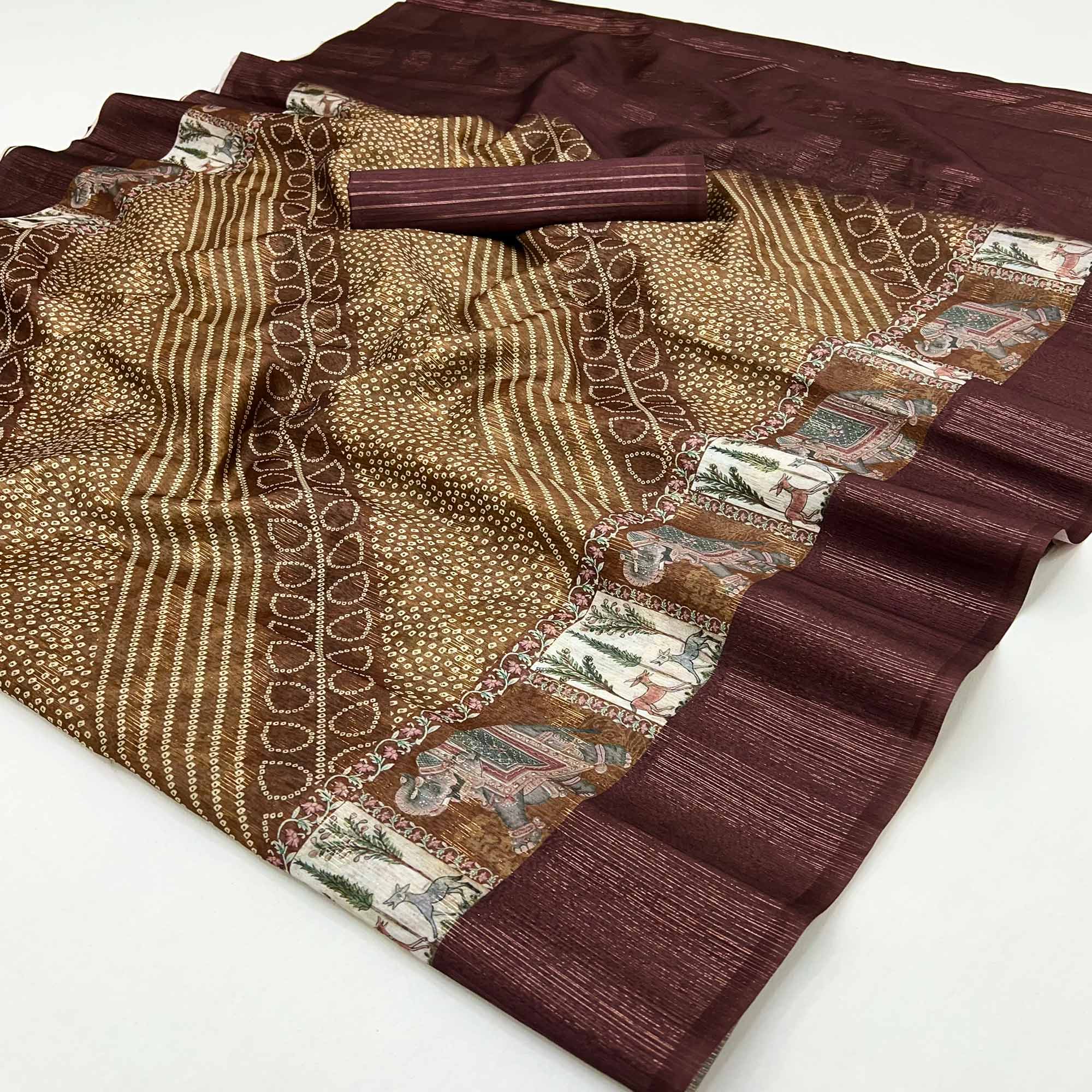 Beige & Brown Cotton Silk Saree with Digital Bandhani Print Design & Rich Woven Border