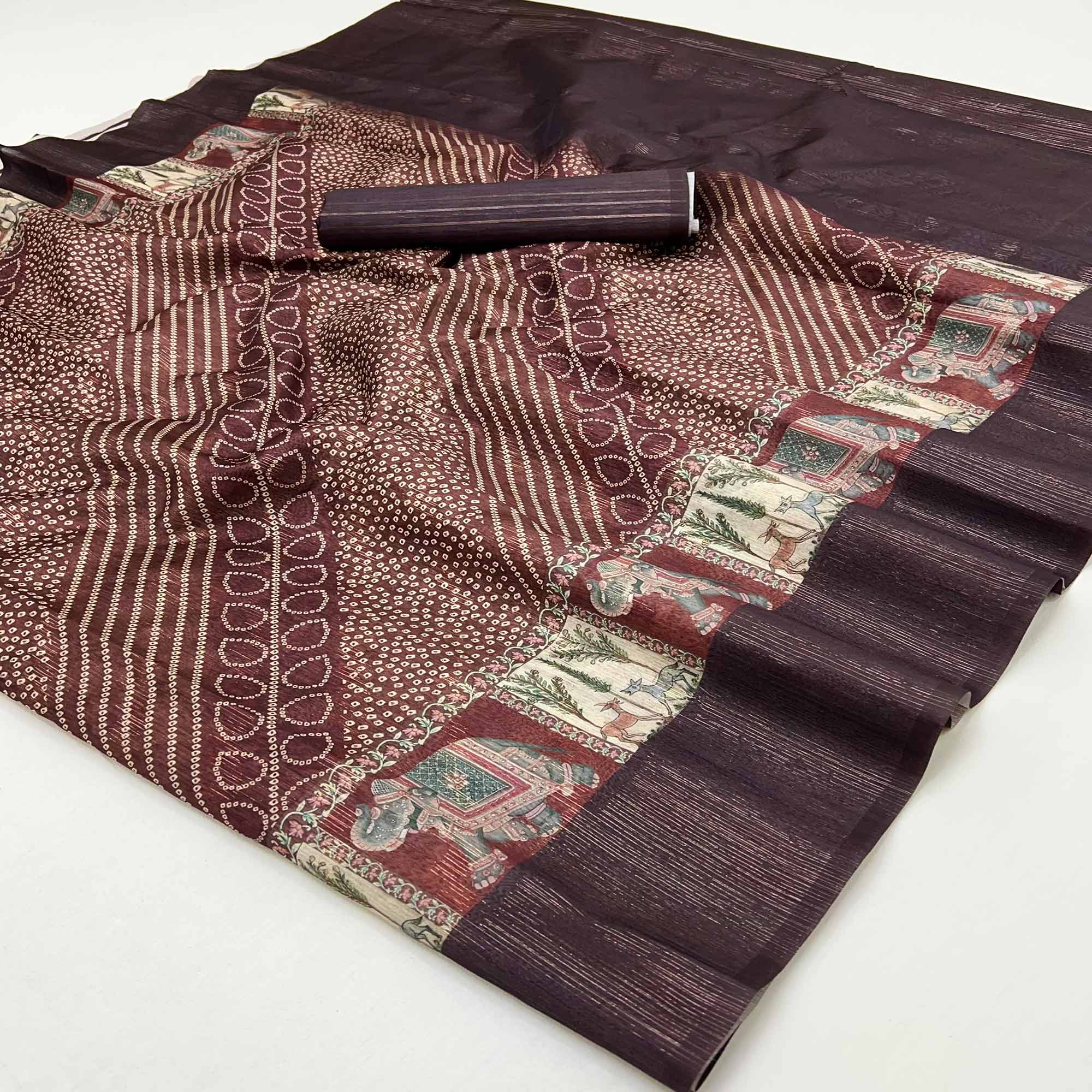 Dark Brown Cotton Silk Saree with Digital Bandhani Print Design & Rich Woven Border