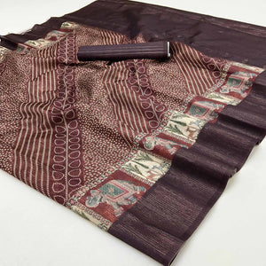 Dark Brown Cotton Silk Saree with Digital Bandhani Print Design & Rich Woven Border