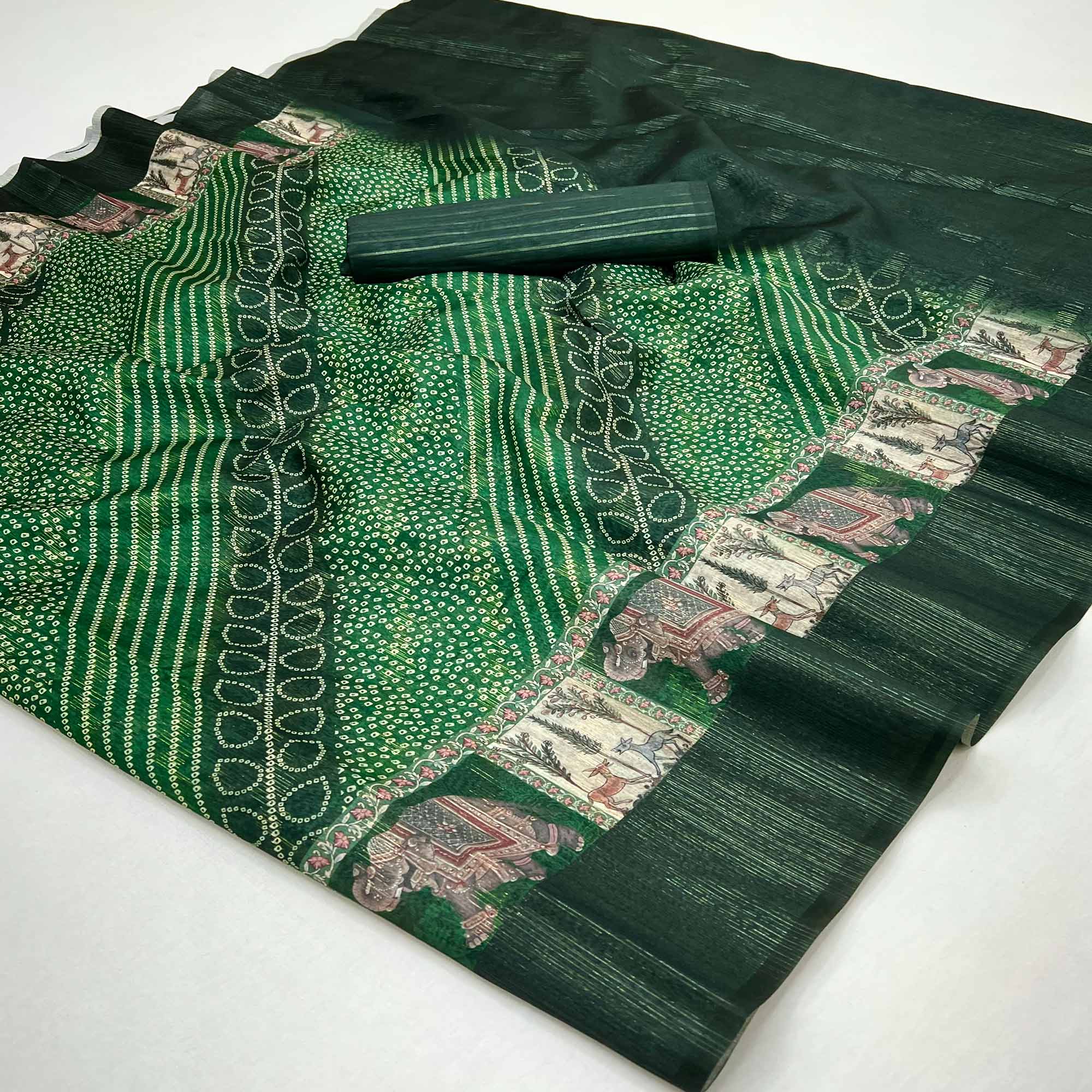 Green Cotton Silk Saree with Digital Bandhani Print Design & Rich Woven Border