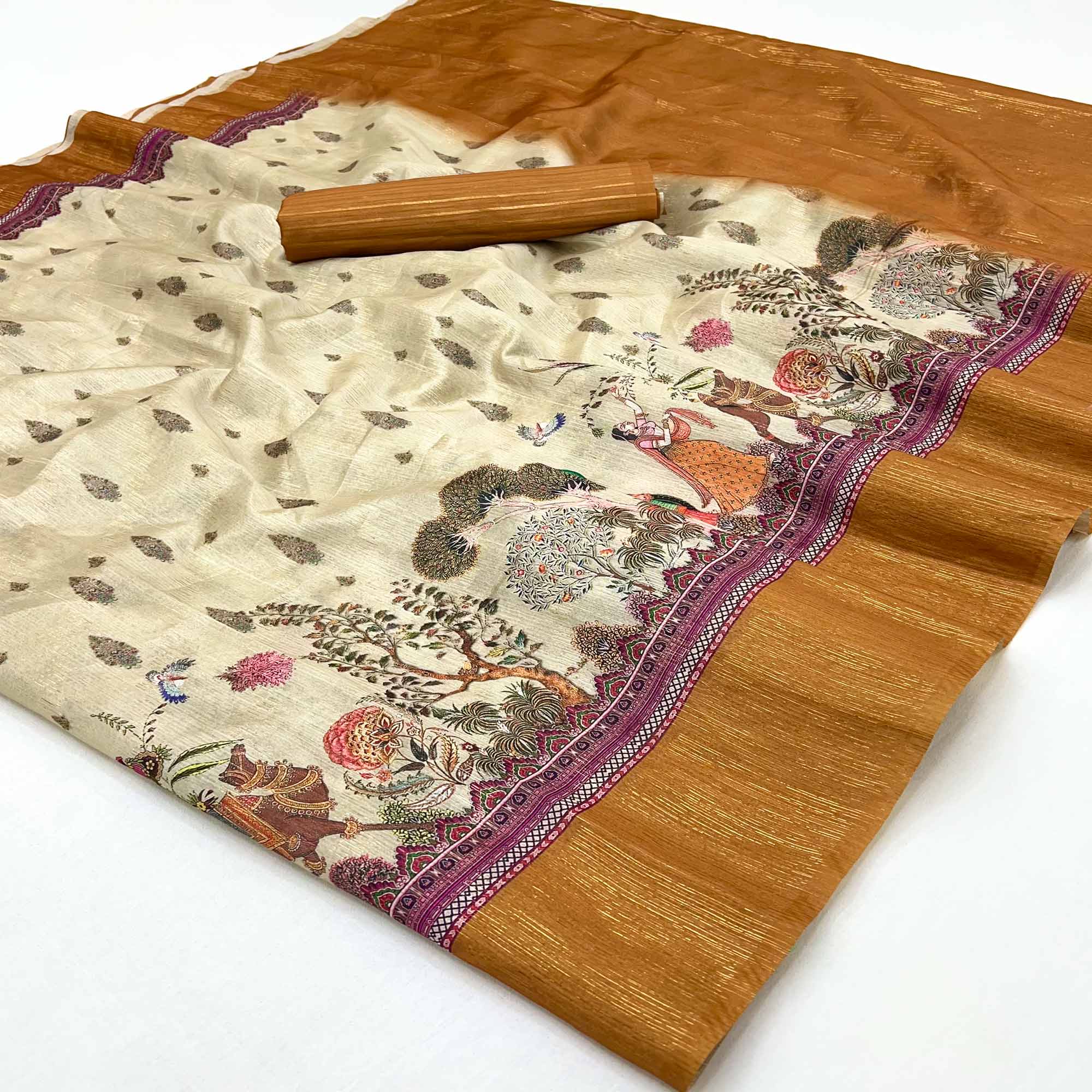 Off-White Digital Print Cotton Silk Saree with Mustard Woven Border
