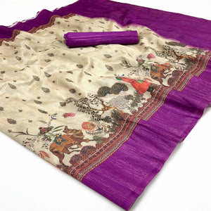 Off-White Digital Print Cotton Silk Saree with Purple Woven Border