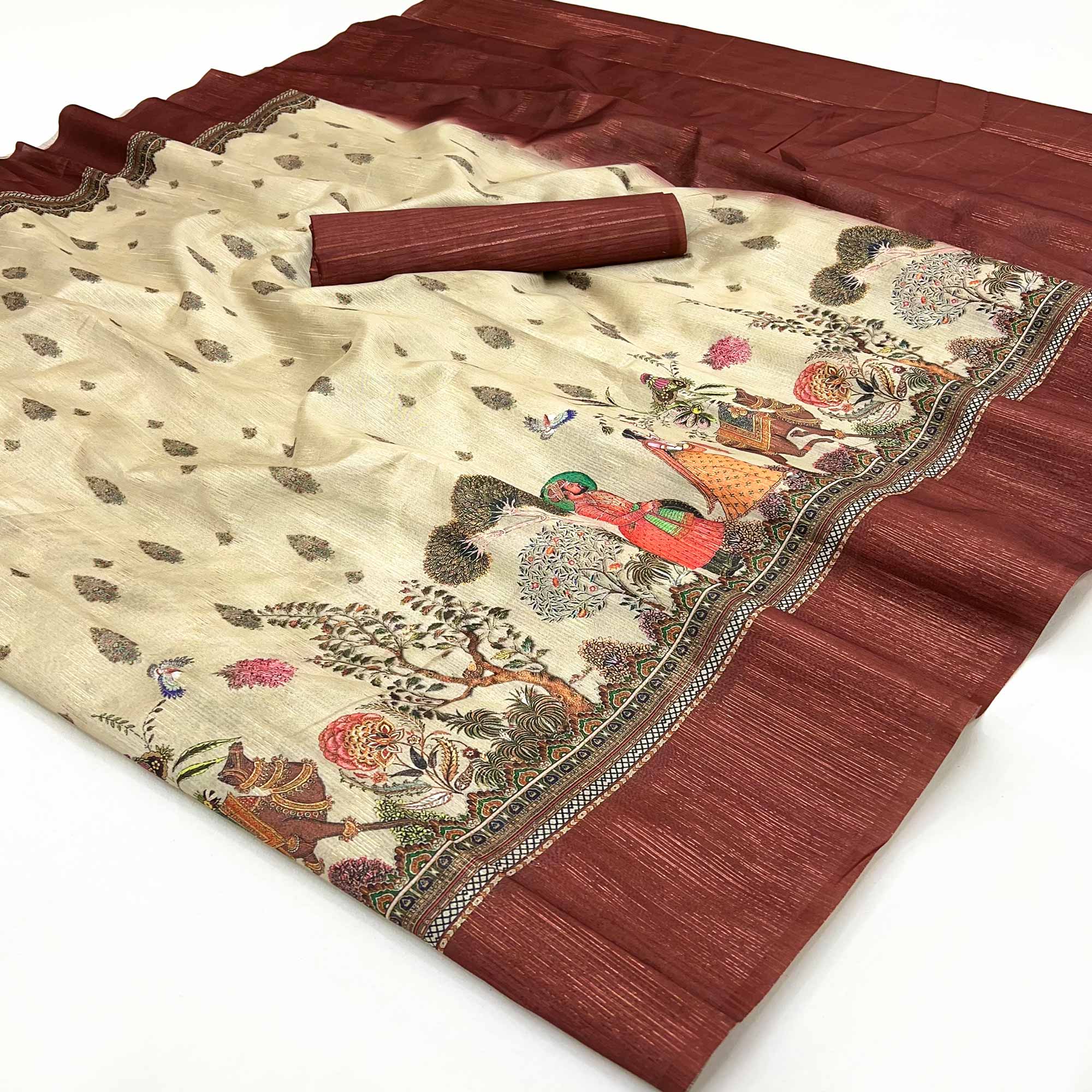 Off-White Digital Print Cotton Silk Saree with Brown Woven Border