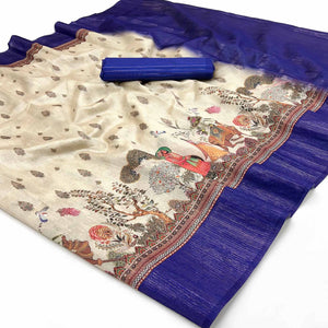Off-White Digital Print Cotton Silk Saree with Blue Woven Border