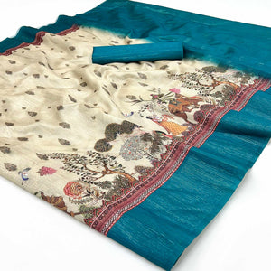 Off-White Digital Print Cotton Silk Saree with Turquoise Woven Border