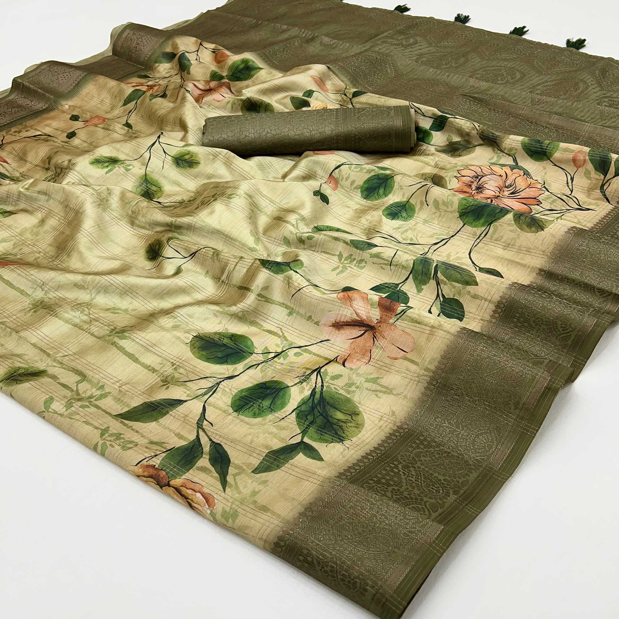 Stylish Cotton Silk Saree in Beige & Olive with Digital Printed and Weaving Border