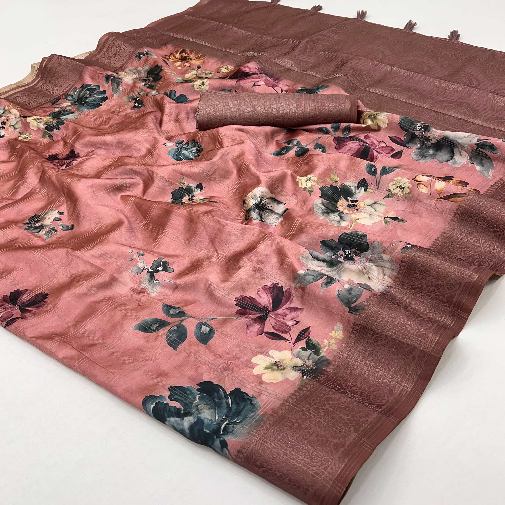 Stylish Cotton Silk Saree in Peach with Digital Printed and Weaving Border
