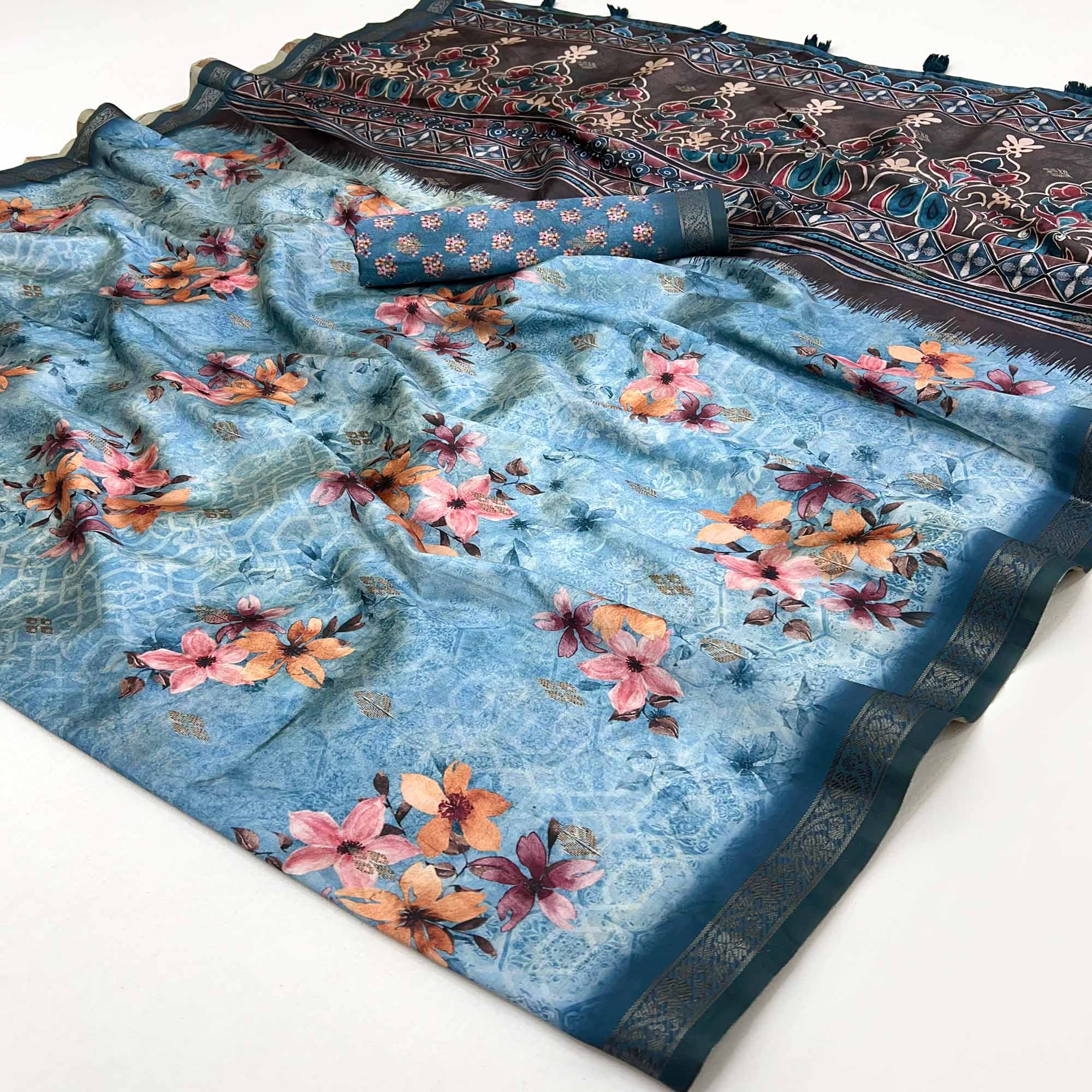 Graceful Sky Blue Cotton Silk Saree with Artistic Florals Print & Weaving Detail