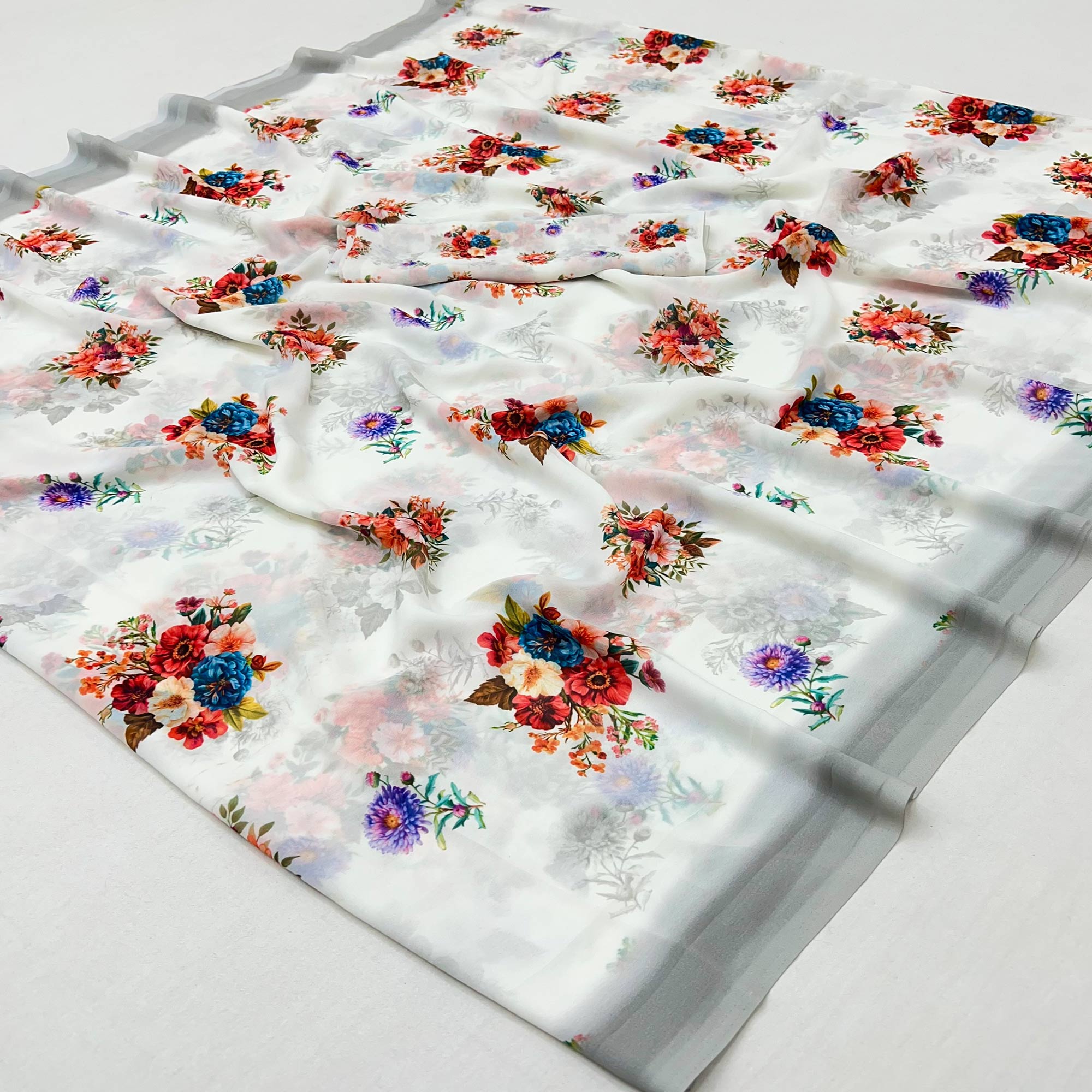 White Floral Printed Saree in Flowing Georgette Fabric