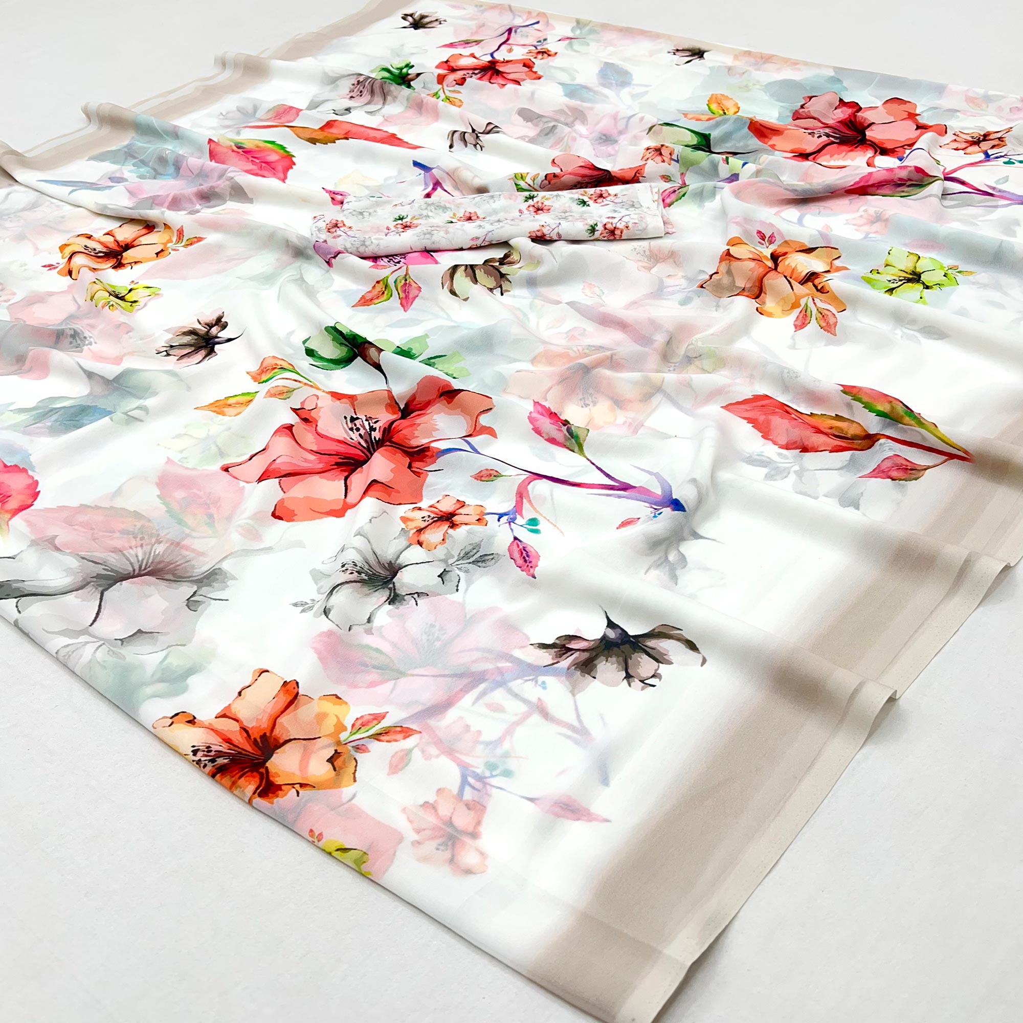 White Floral Printed Saree in Flowing Georgette Fabric