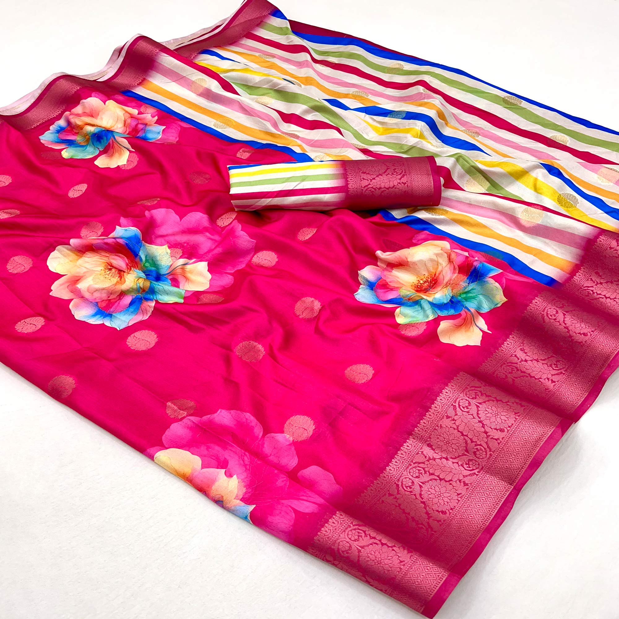 Pink Floral Patterned Smooth Dola Silken Drape Featuring Zari Border