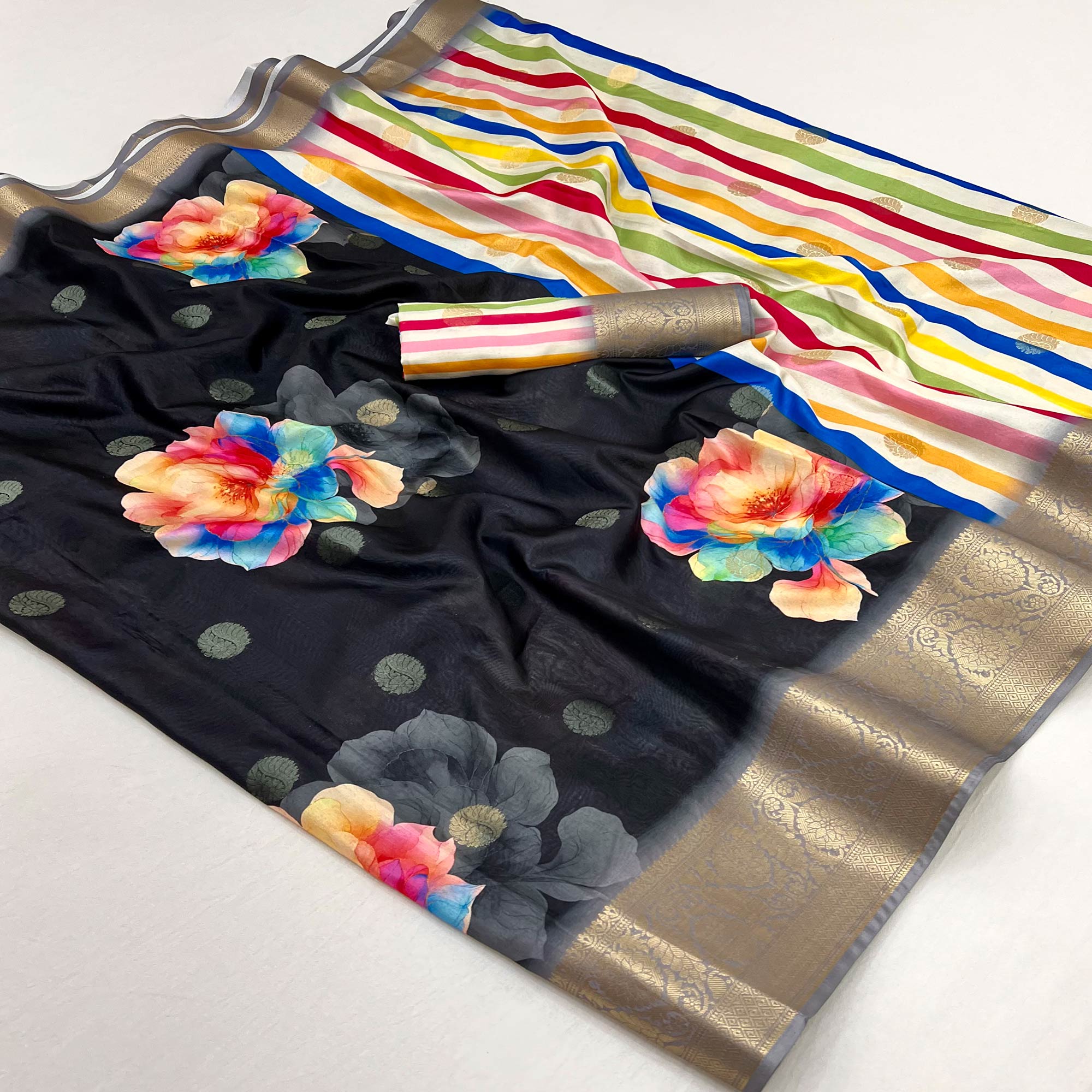 Black Floral Patterned Smooth Dola Silken Drape Featuring Zari Border