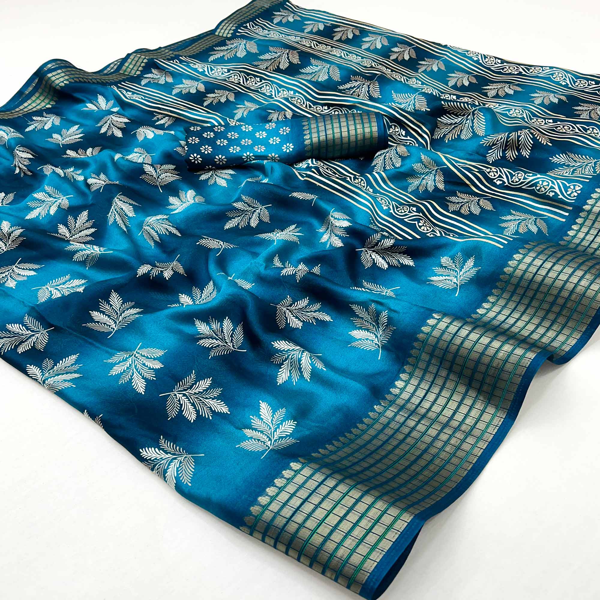 Teal Floral Printed Georgette Saree Featuring Weaving Border Design