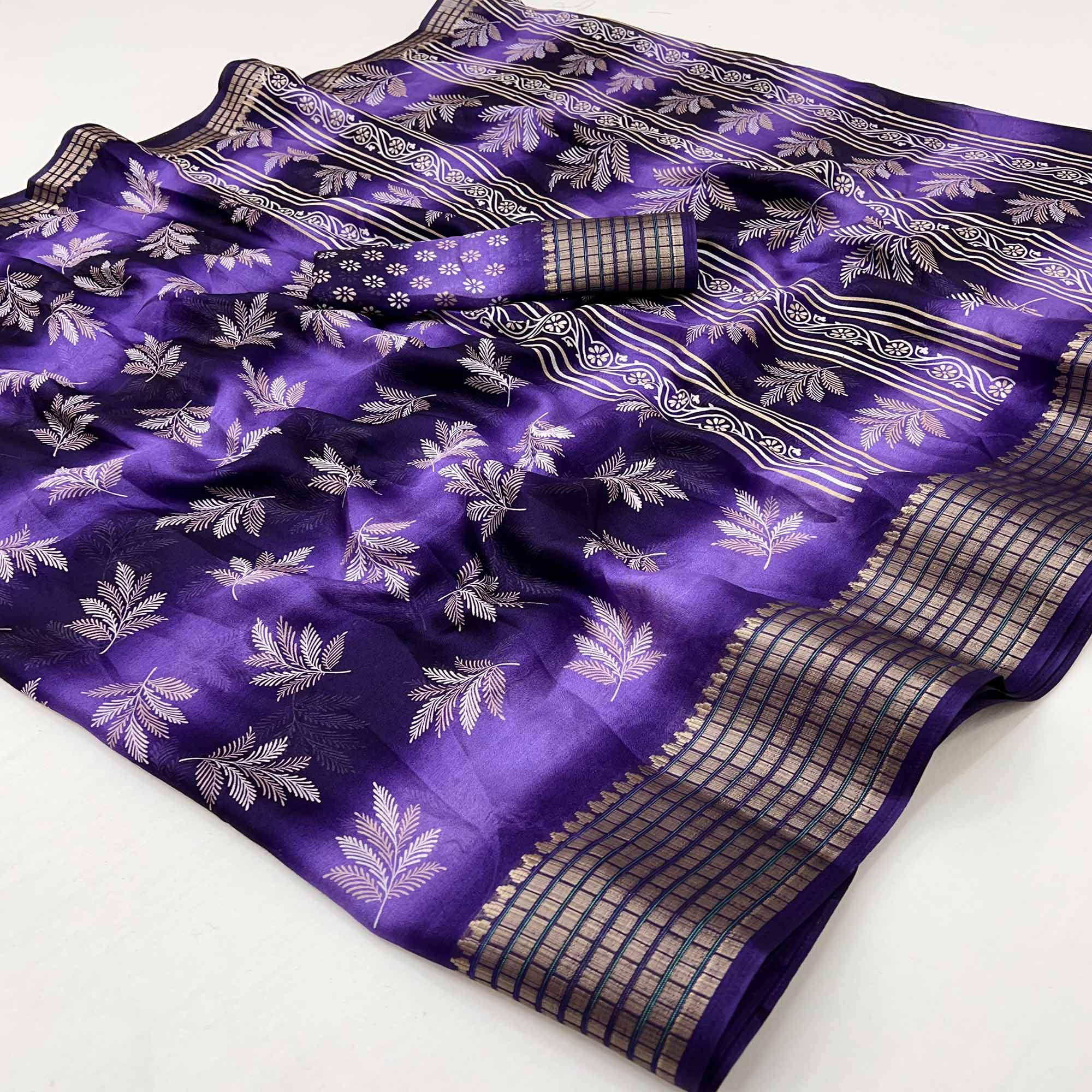 Violet Floral Printed Georgette Saree Featuring Weaving Border Design