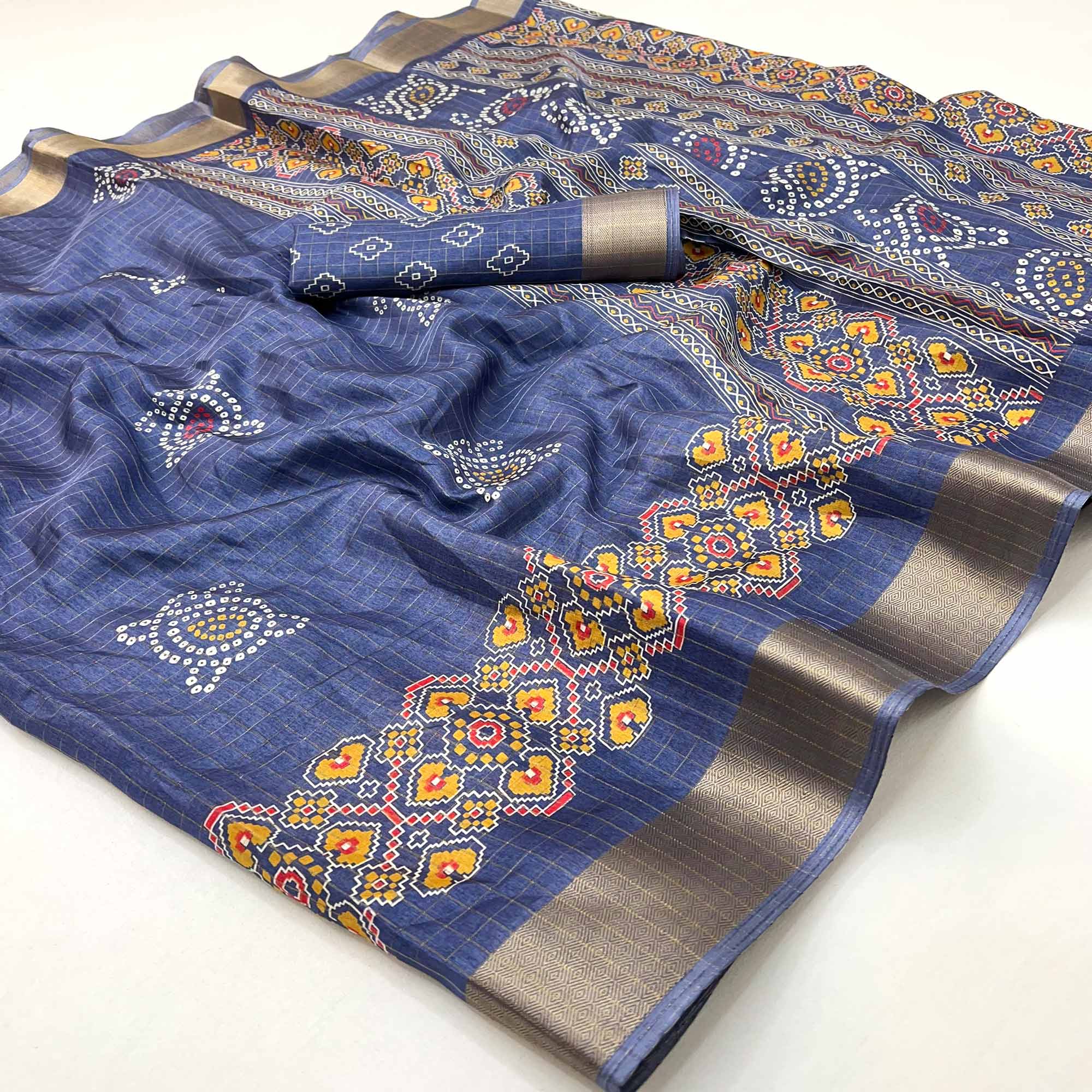 Blue Patola Patterned Featuring Weaving Work Dola Silken Drape