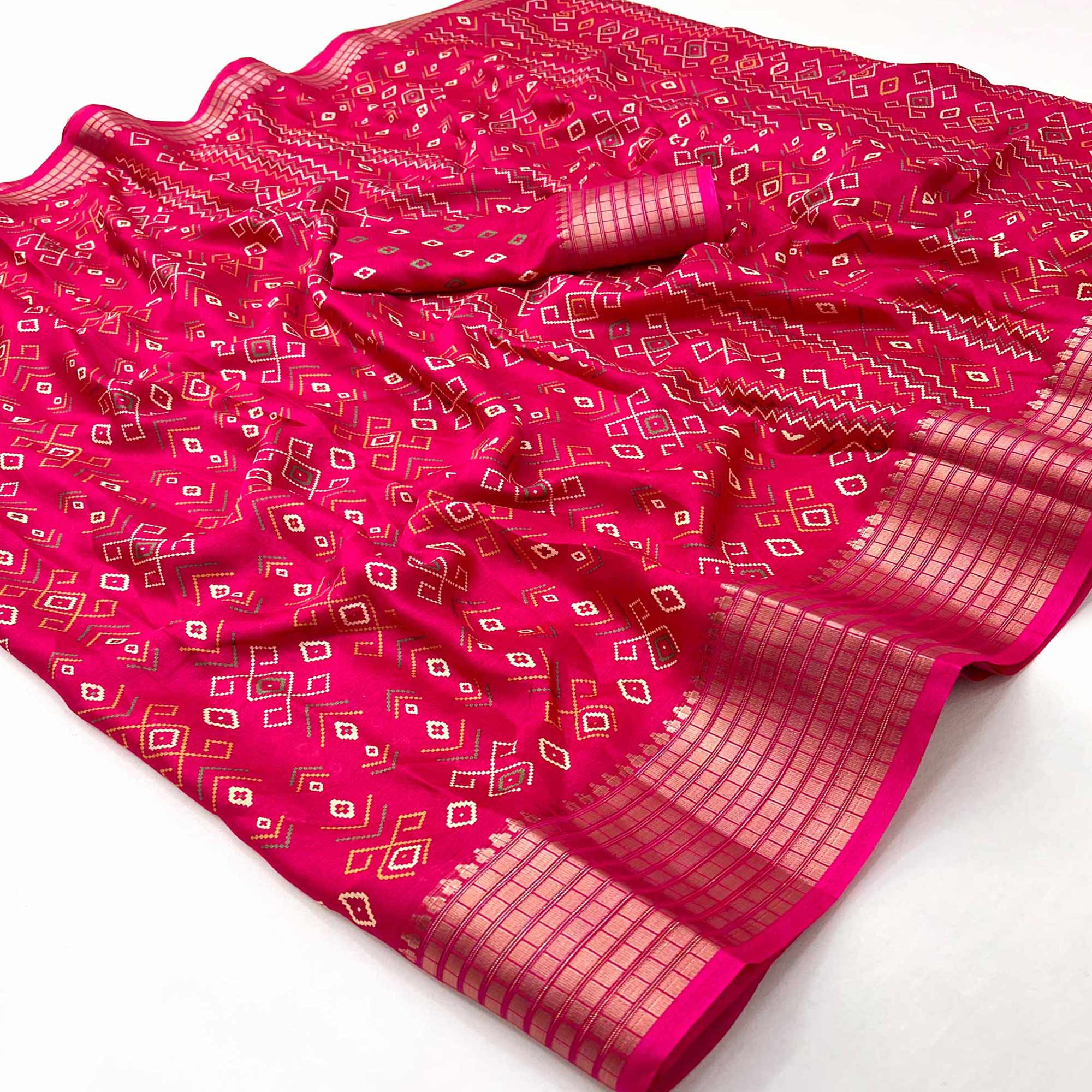 Pink Geometric Patterned Georgette Drape Featuring Zari Border