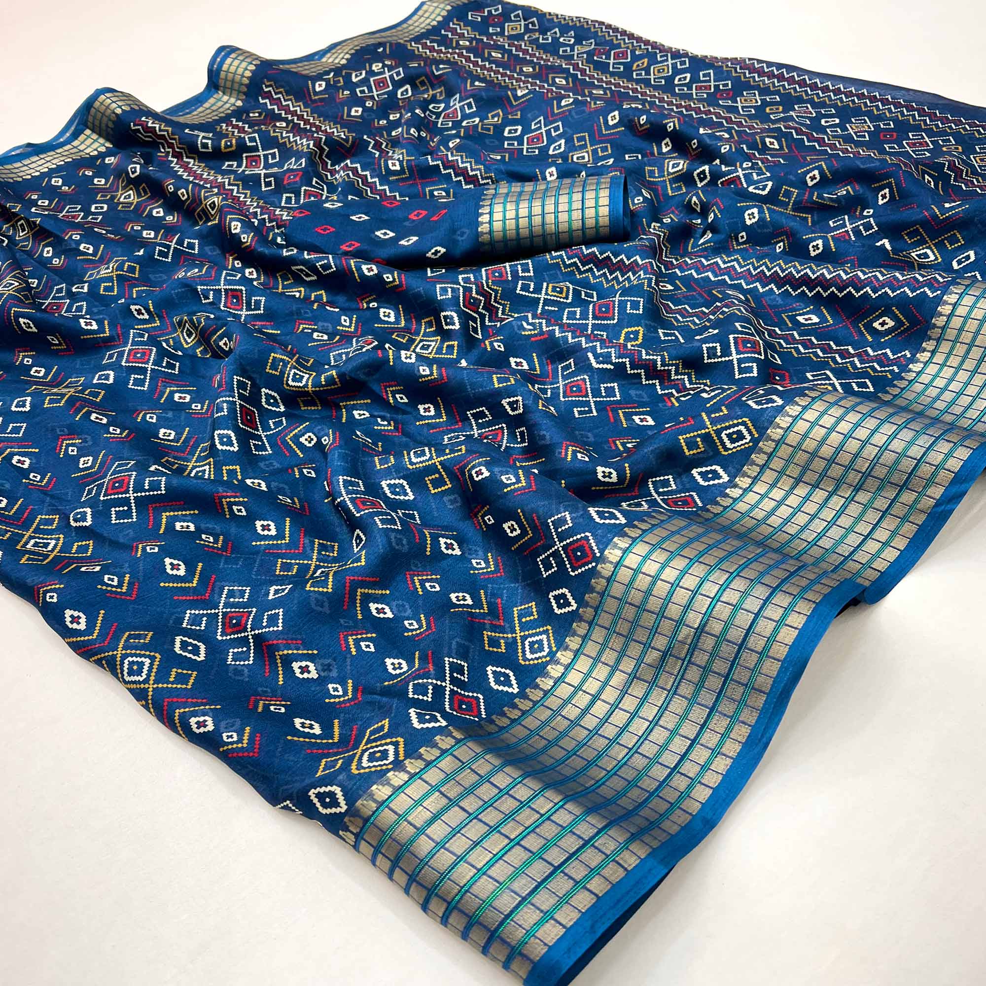 Blue Geometric Patterned Georgette Drape Featuring Zari Border