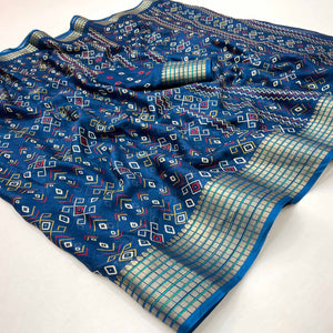 Blue Geometric Patterned Georgette Drape Featuring Zari Border