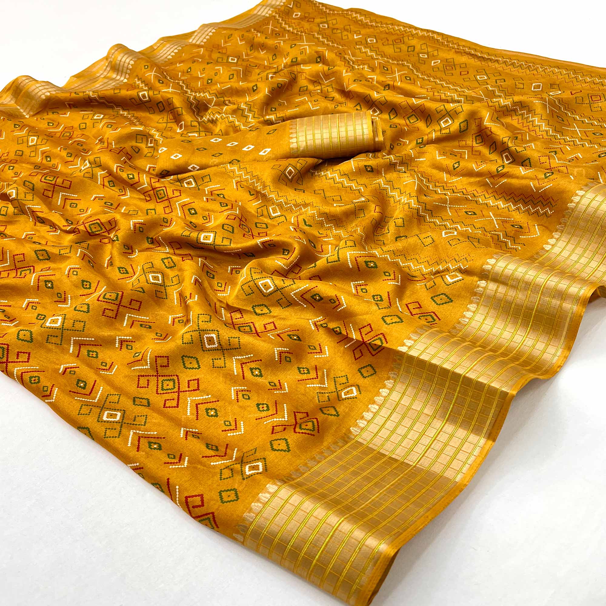 Mustard Geometric Patterned Georgette Drape Featuring Zari Border