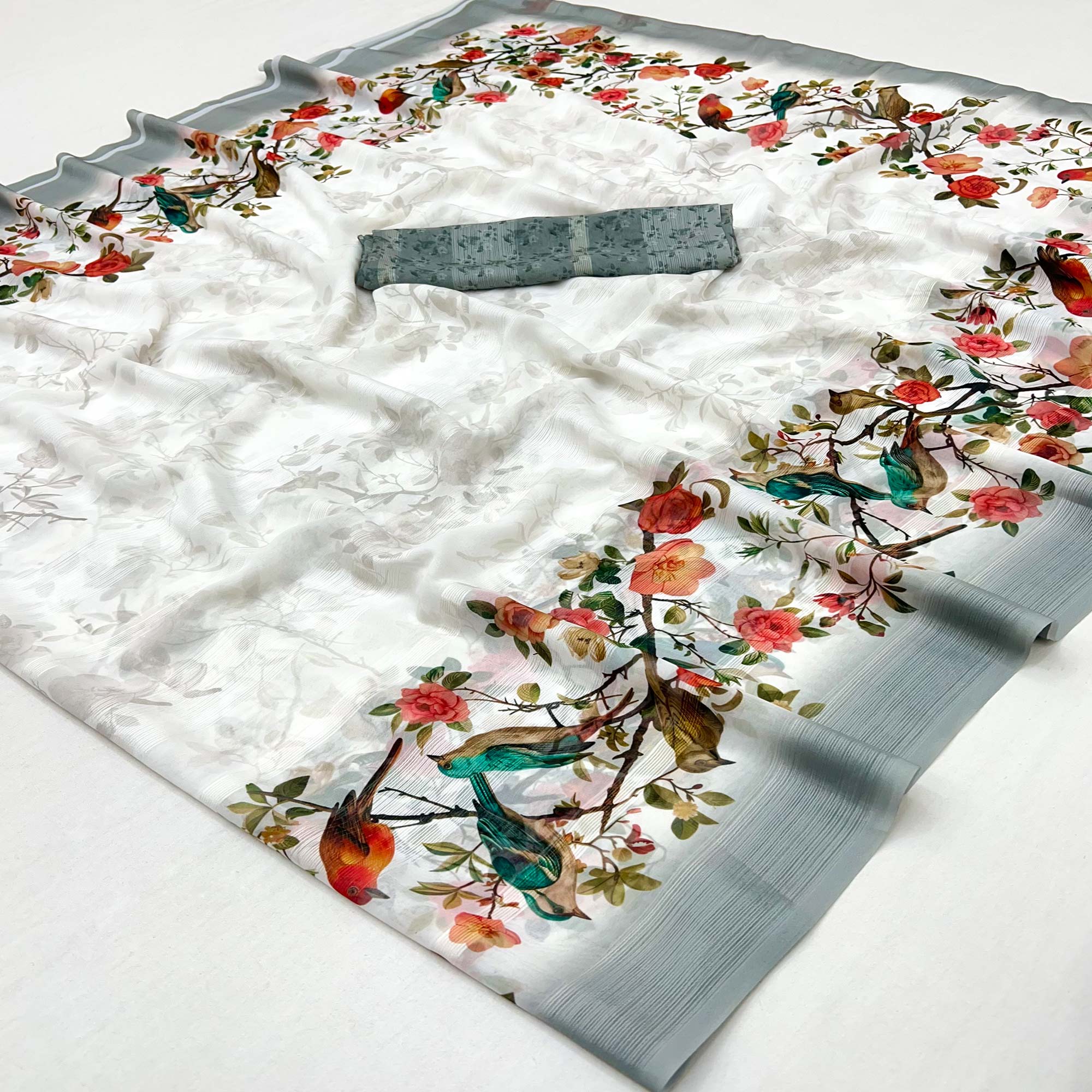 White Digital Floral Adorned with Artistic Prints Georgette Elegant Drape