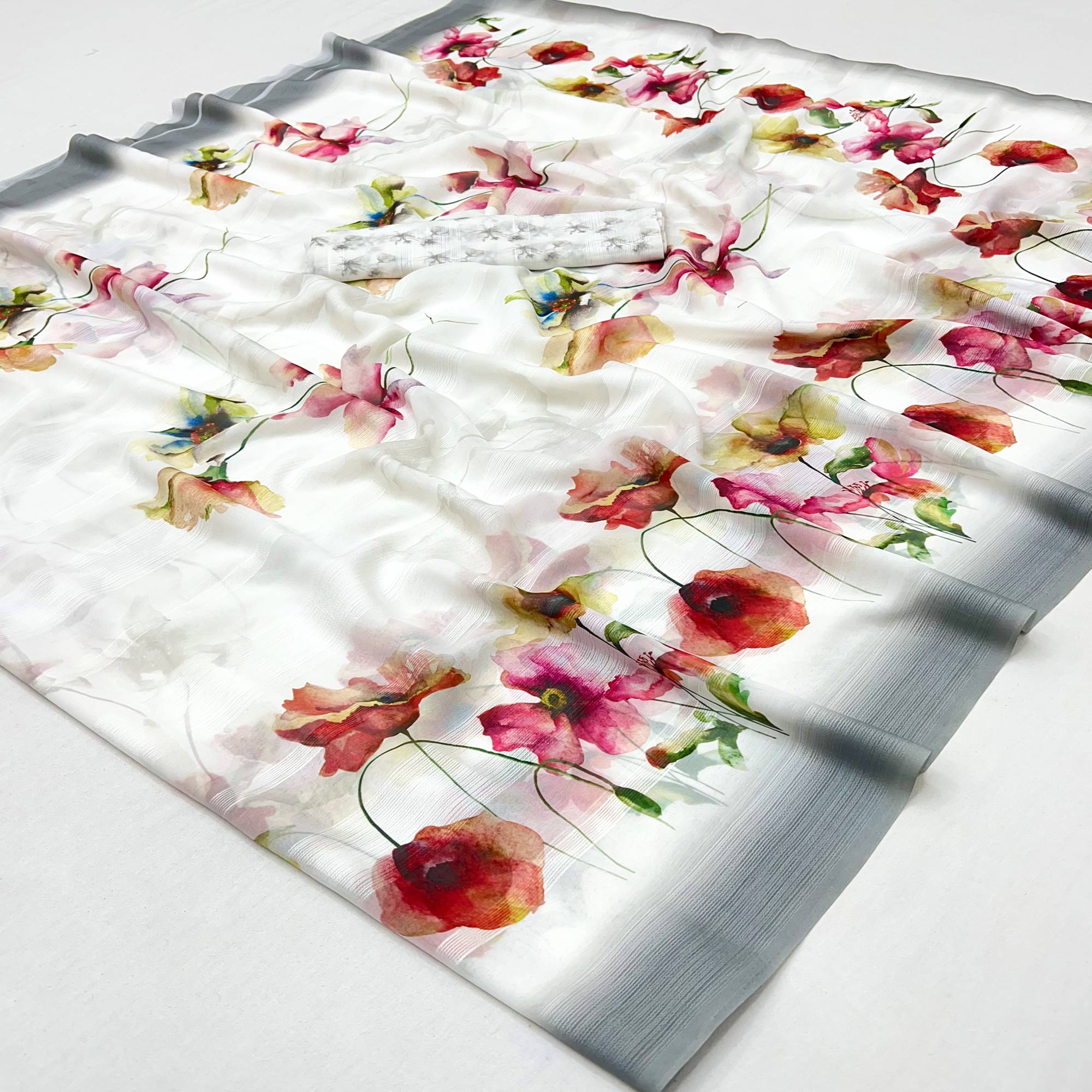 White Digital Floral Adorned with Artistic Prints Georgette Elegant Drape