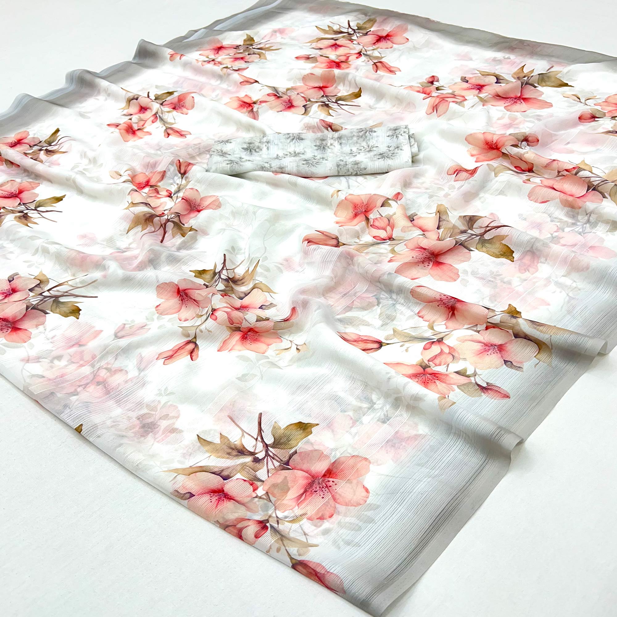 White Digital Floral Adorned with Artistic Prints Georgette Elegant Drape