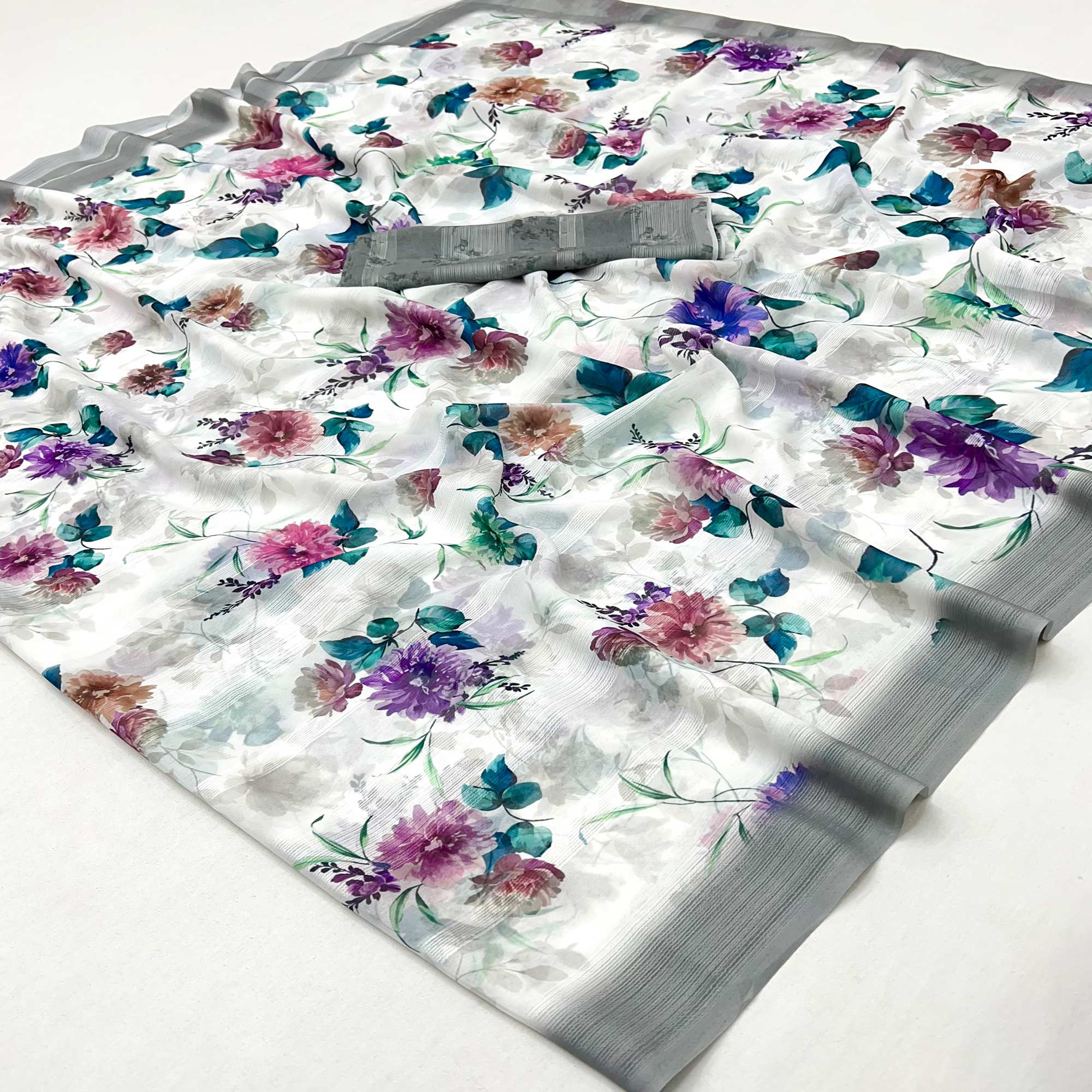 White Digital Floral Adorned with Artistic Prints Georgette Elegant Drape