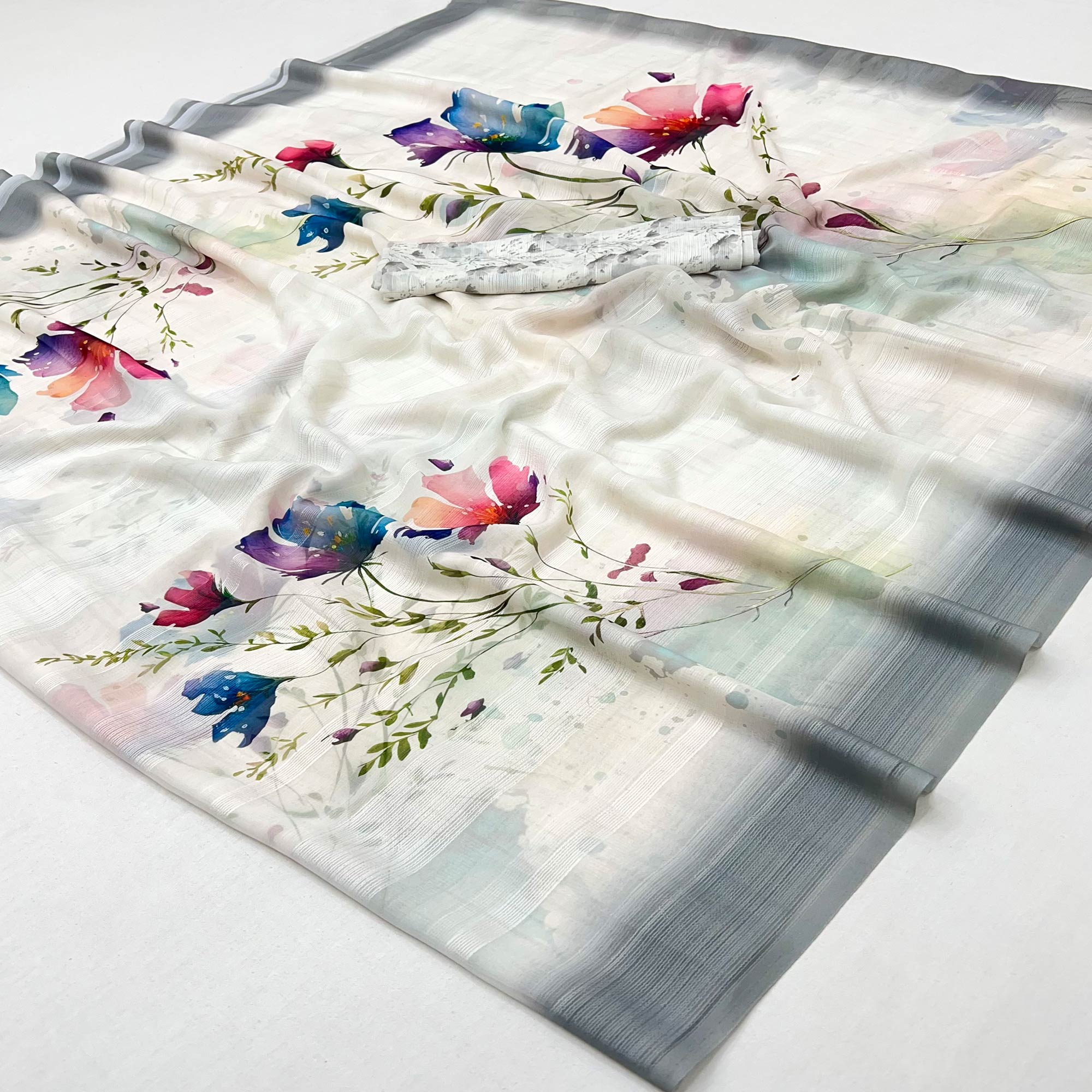 White Digital Floral Adorned with Artistic Prints Georgette Elegant Drape