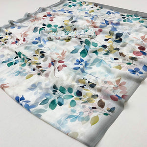 White Digital Floral Adorned with Artistic Prints Georgette Elegant Drape