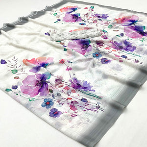 White Digital Floral Adorned with Artistic Prints Georgette Elegant Drape