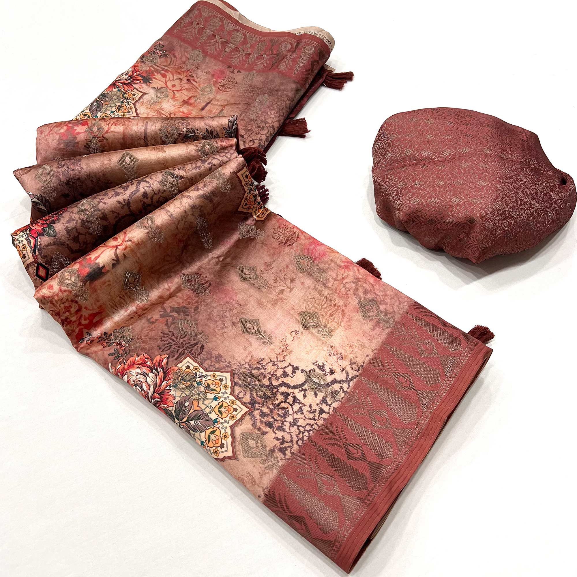 Brown Digital Floral Patterned Cotton Silken Drape
