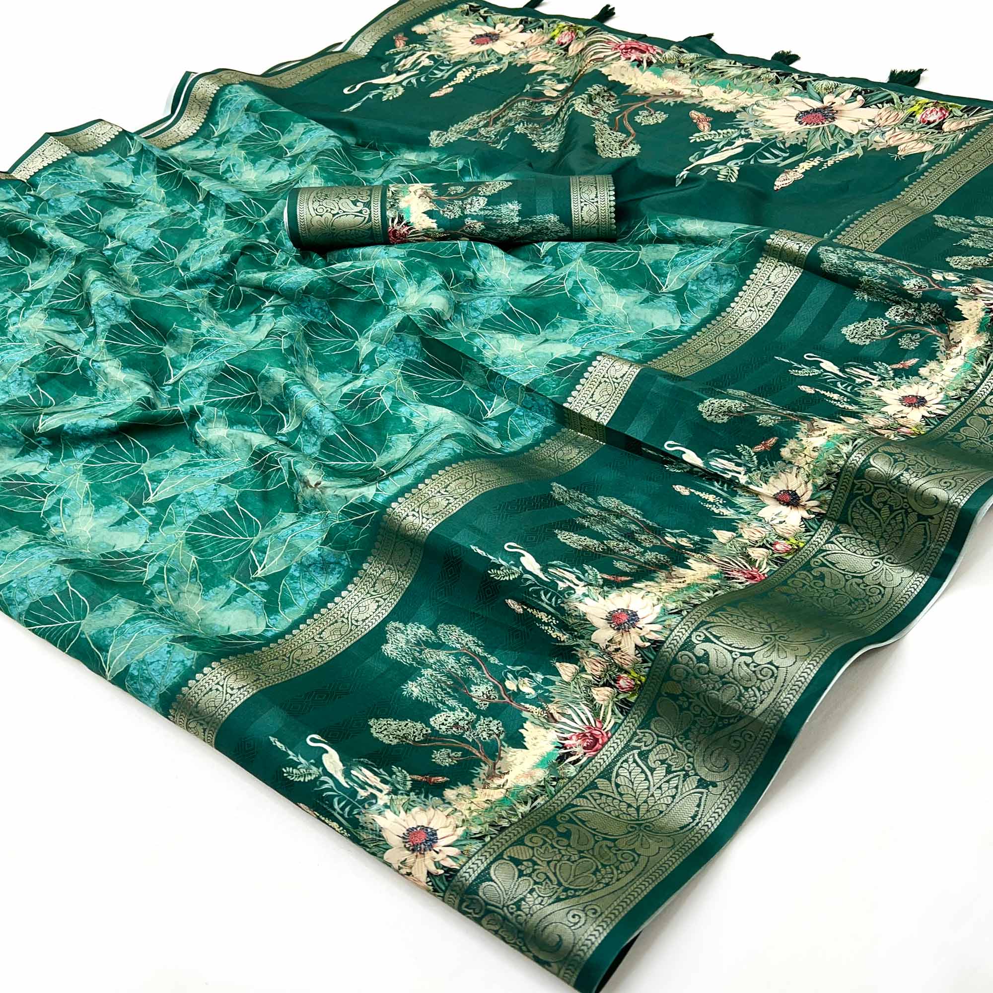 Teal Green Digital Patterned Smooth Cotton Silken Drape Featuring Zari Border