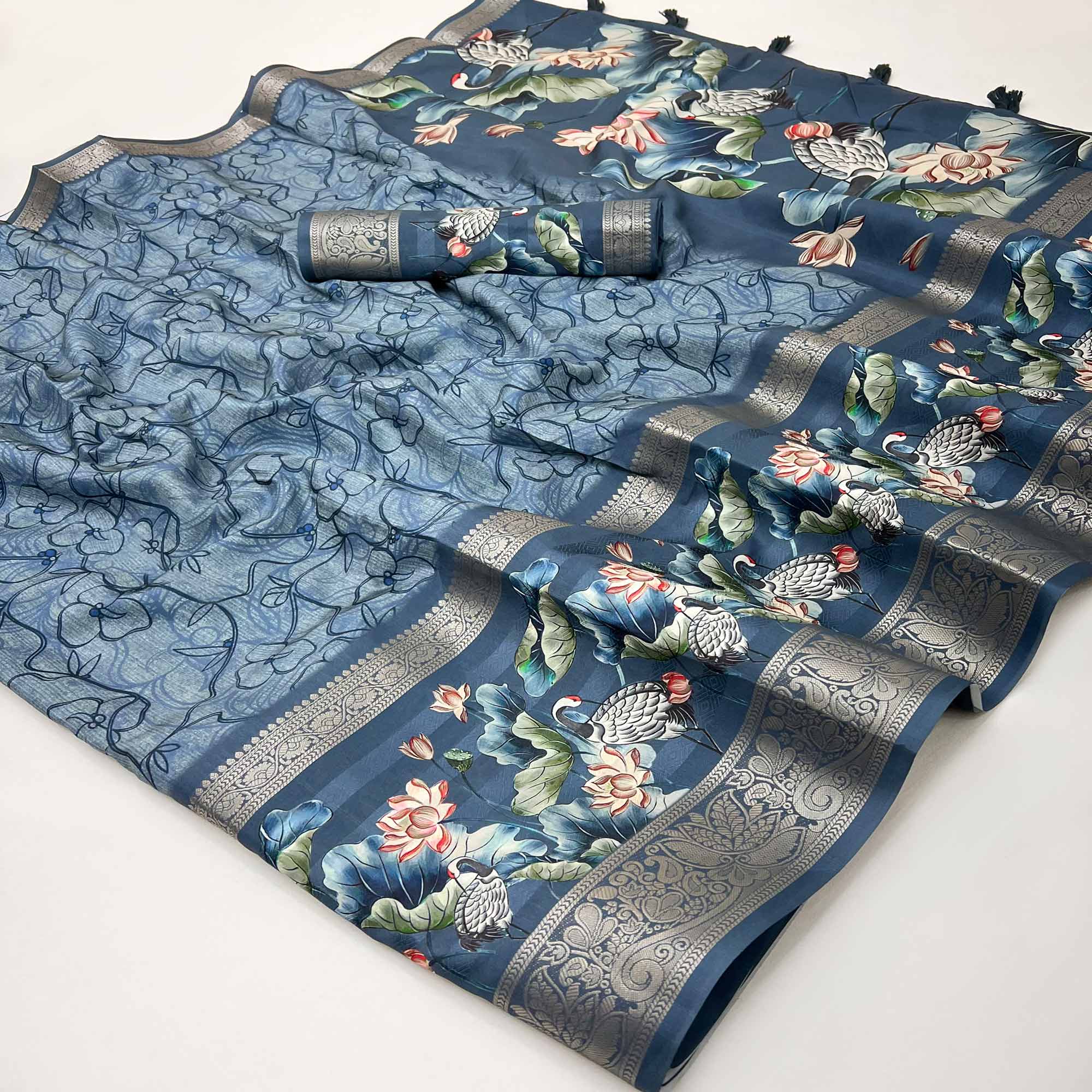 Dusty Blue Digital Patterned Smooth Cotton Silken Drape Featuring Zari Border