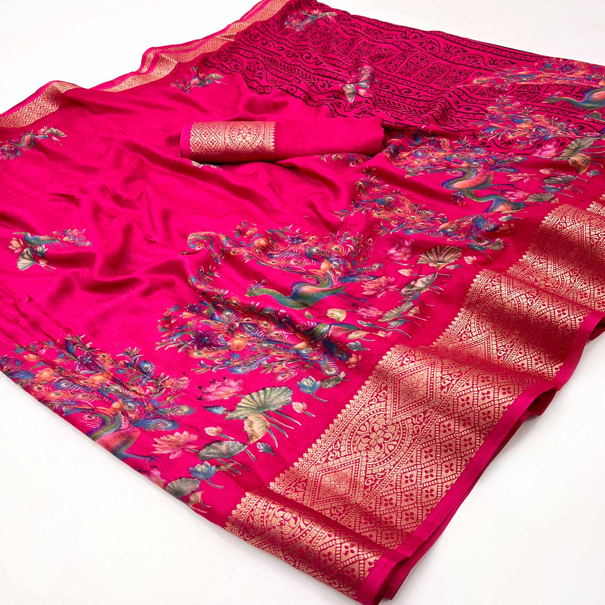 Pink Peacock Patterned Smooth Georgette Drape Featuring Zari Border