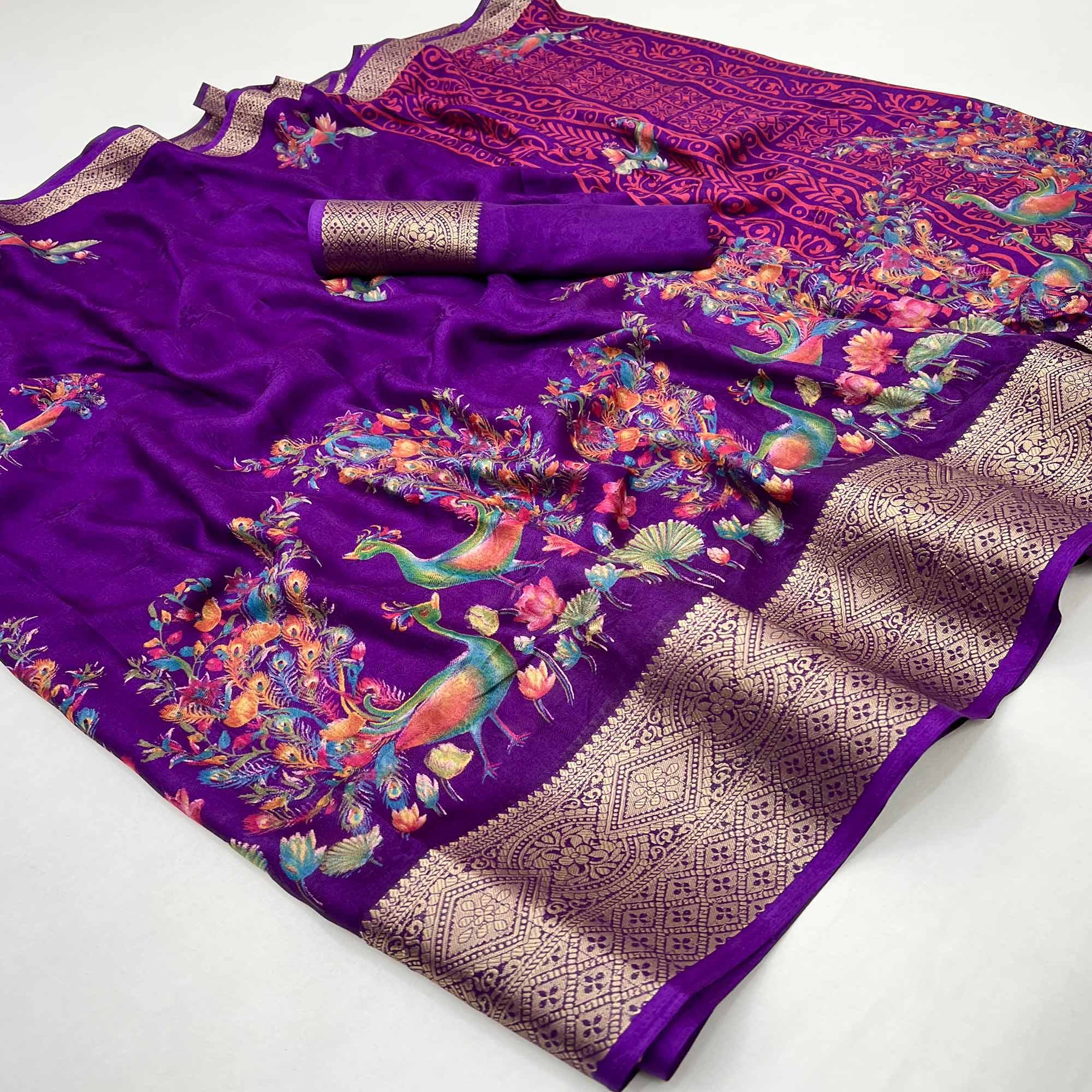 Violet Peacock Patterned Smooth Georgette Drape Featuring Zari Border