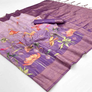 Classic Purple Floral Weaving & Digital Print Silk Blend Saree Accented With Tassel Pallu
