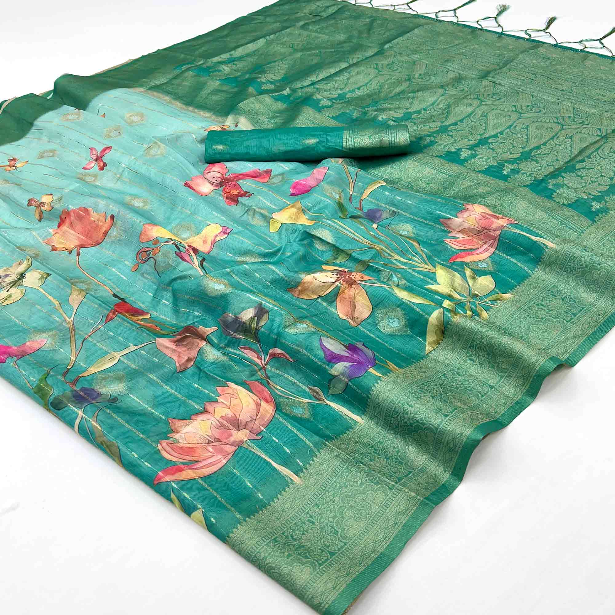 Classic Rama Green Floral Weaving & Digital Print Silk Blend Saree Accented With Tassel Pallu