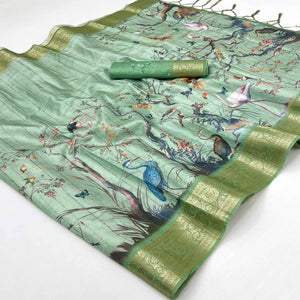 Majestic Green Silk Blend Saree With Weaving Accents & Floral-Bird Digital Print Elegance