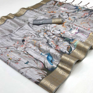Majestic Grey Silk Blend Saree With Weaving Accents & Floral-Bird Digital Print Elegance