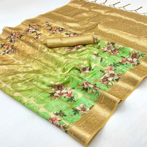 Charming Chikoo & Green Floral Zari Weaving Silk Blend Saree With Digital Printed