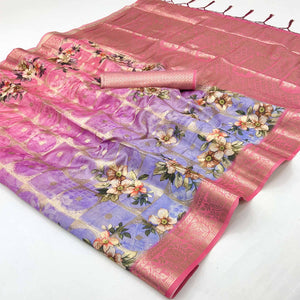 Charming Pink & Lavender Floral Zari Weaving Silk Blend Saree With Digital Printed