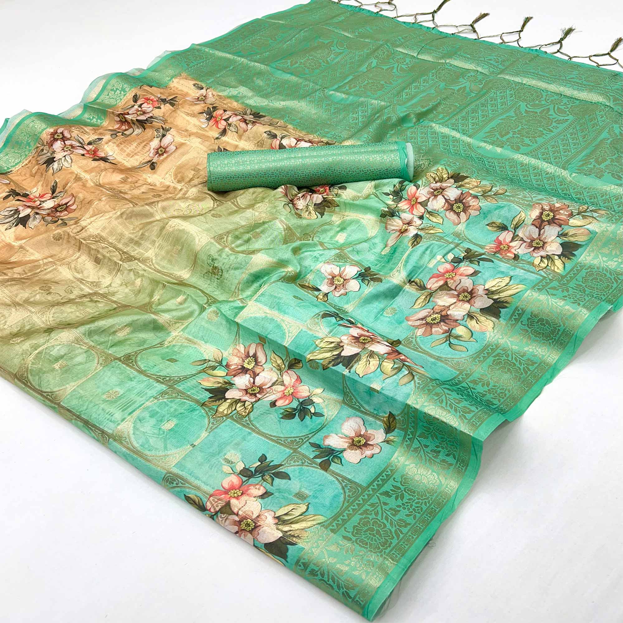 Charming Turquoise & Cream Floral Zari Weaving Silk Blend Saree With Digital Printed