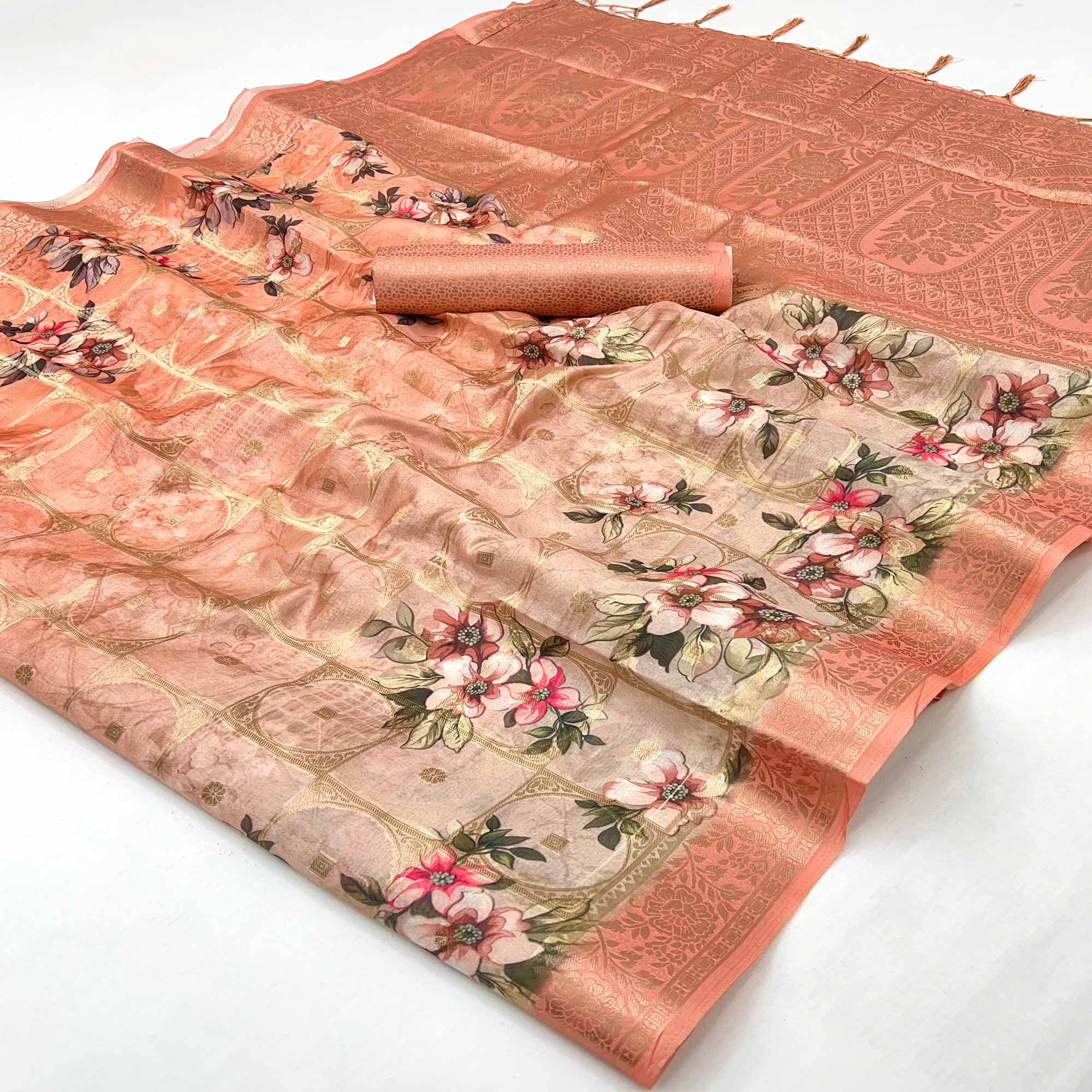 Charming Light Peach Floral Zari Weaving Silk Blend Saree With Digital Printed