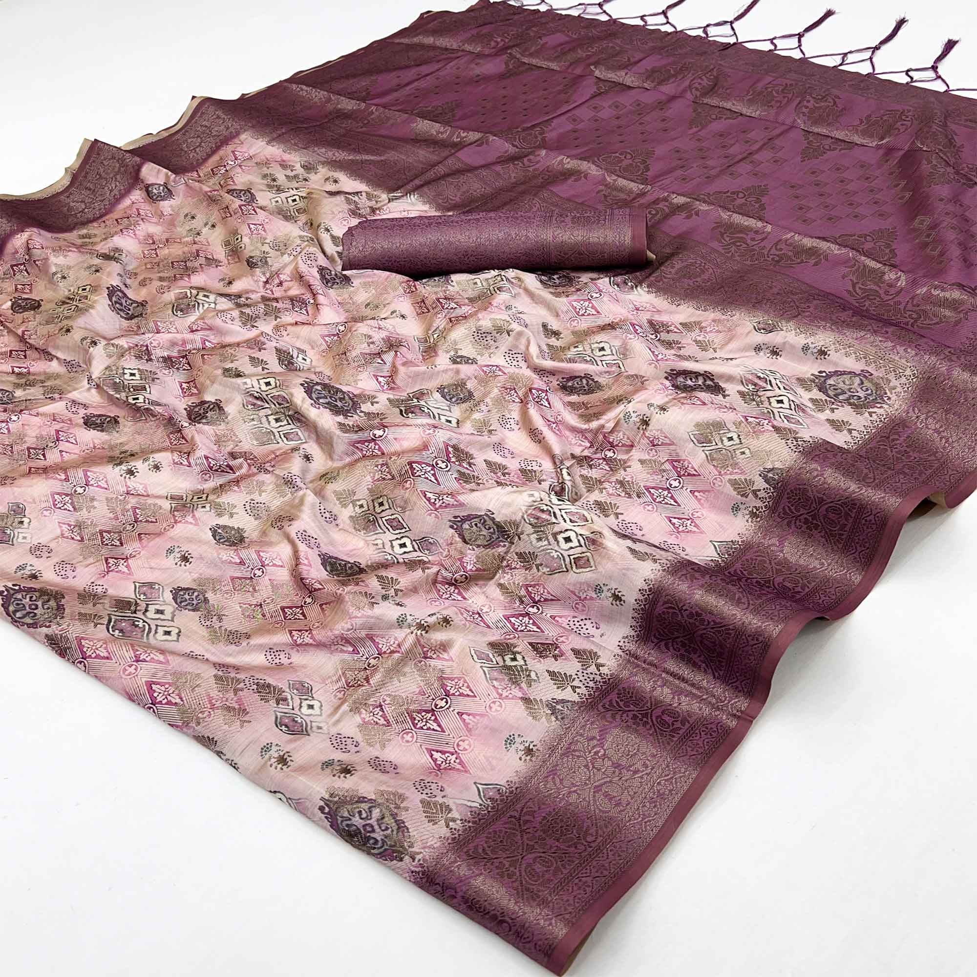 Stylish Wine Silk Blend Saree Featuring Floral Zari Weaving & Digital Print