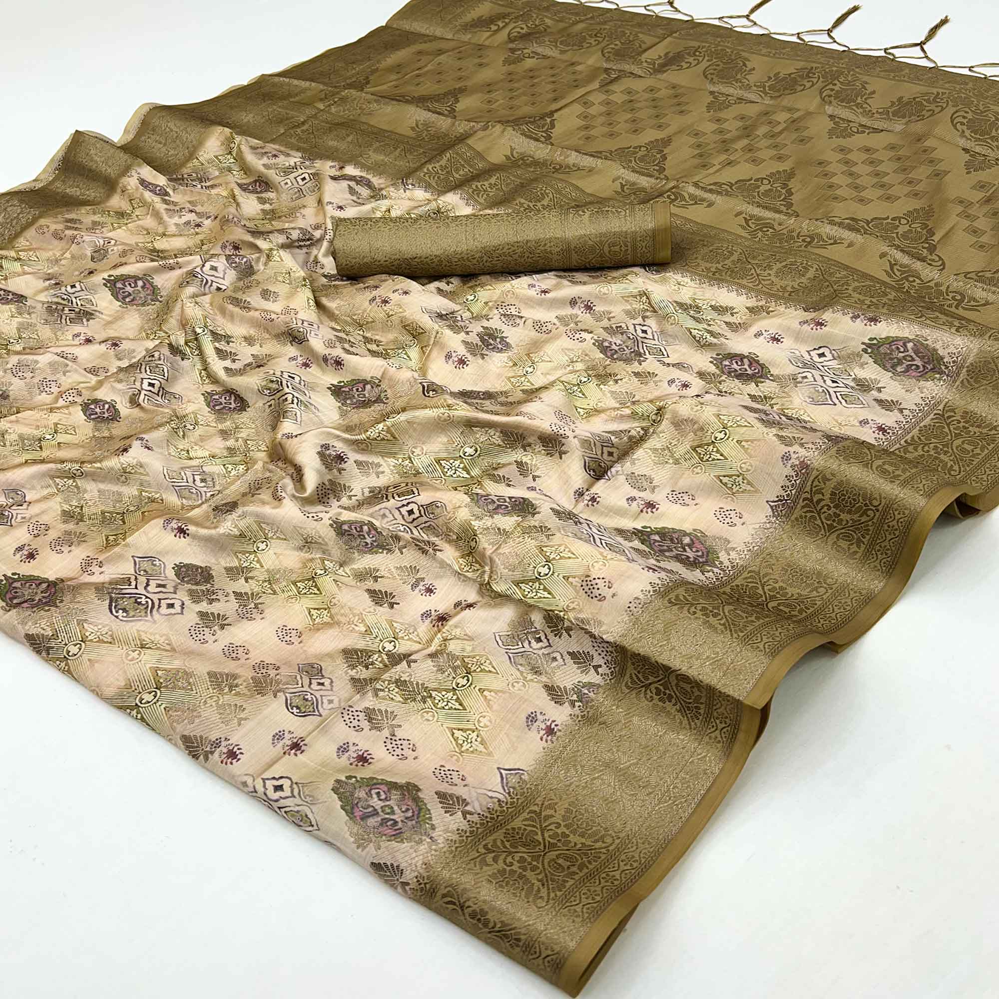 Stylish Olive Green Silk Blend Saree Featuring Floral Zari Weaving & Digital Print