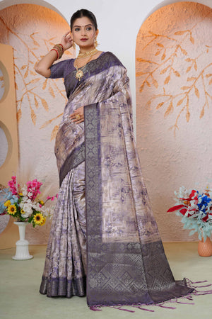 Premium Lavender Woven & Digitally Printed Silk Saree with Stylish Tassel Pallu