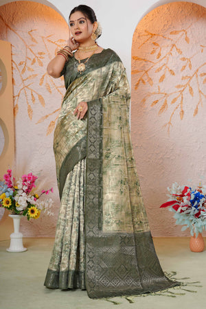 Premium Green Woven & Digitally Printed Silk Saree with Stylish Tassel Pallu