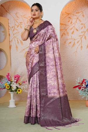 Premium Wine Woven & Digitally Printed Silk Saree with Stylish Tassel Pallu