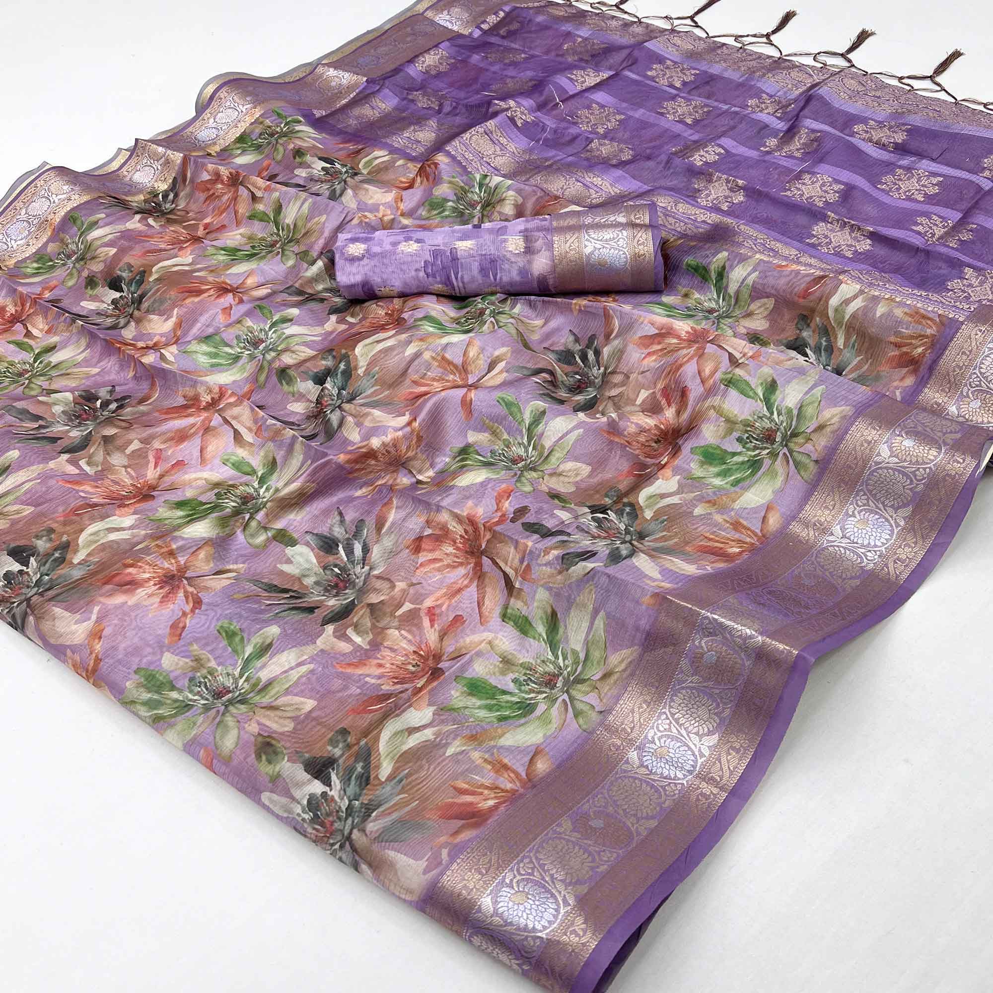 Graceful Lavender Floral Zari Woven Silk Blend Saree With Digital Prints