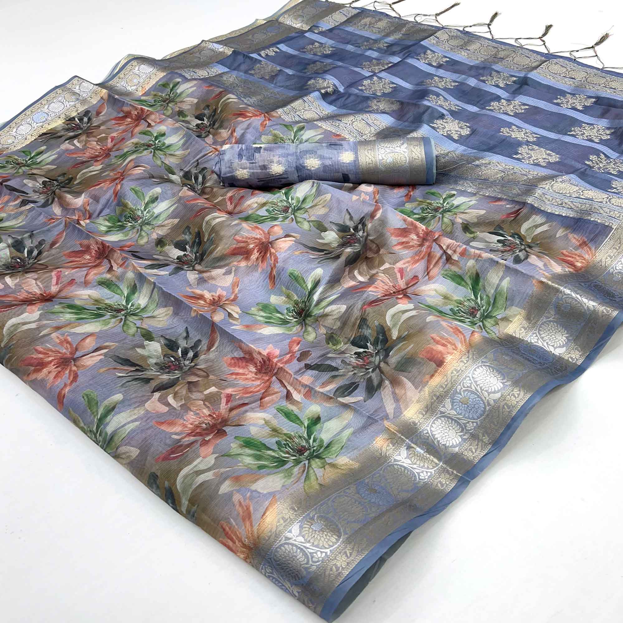 Graceful Greyish Blue Floral Zari Woven Silk Blend Saree With Digital Prints